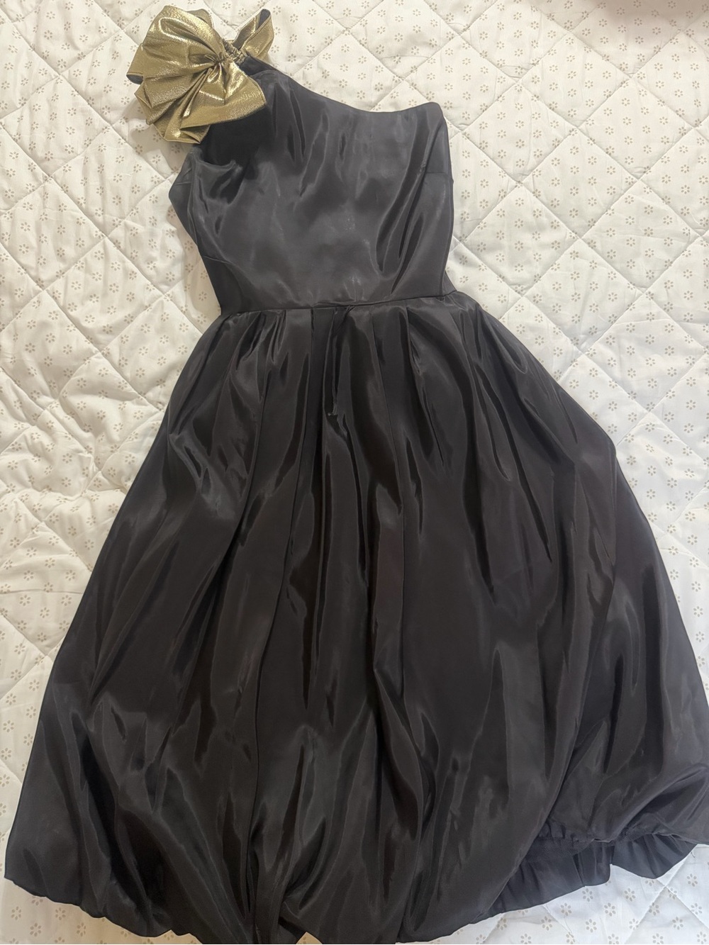 One-Shoulder Black Cocktail Dress with Gold Shoulder Bow
